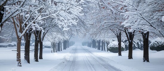 Poster - Snow blankets the alley with trees covered in a layer of snow featuring abundant copy space image