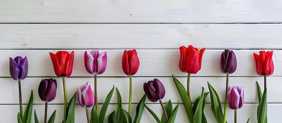 Poster - Red and purple tulips arranged elegantly against a white wooden backdrop leaving room for a copy space image permit