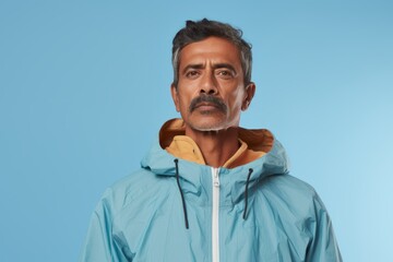 Wall Mural - Portrait of a content indian man in his 50s wearing a lightweight packable anorak isolated on pastel blue background