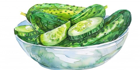 Poster - Watercolor Illustration of Fresh Cucumbers in Bowl, Isolated on White Background