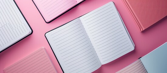 Wall Mural - Top view of an open notebook alongside others on a pink background offering ample copy space image