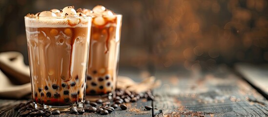 Aufkleber - A popular image of two glasses of yummy milk bubble tea with tasty tapioca pearls known as Boba milk tea displayed in a modern setting with room for text or design elements. Creative banner