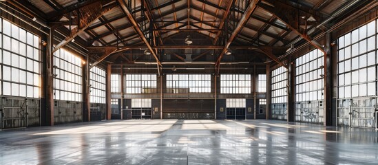 Poster - Interior of industrial building featuring large high windows and a spacious area available for copy space image