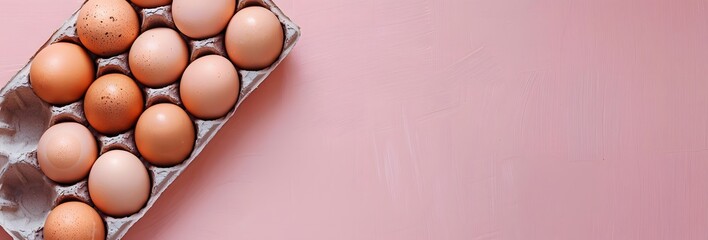 Eggs in egg carton on pink background, top view, flat lay, space for text, minimal concept, kodak film stock, natural light, high resolution photography