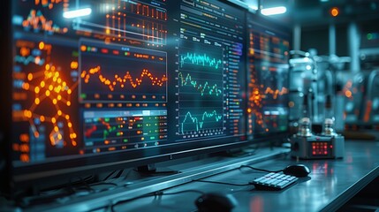 Sticker - Close-up of computer screen showing stock market data with lines and graphs representing financial fluctuations, brightly lit with blue and orange colors