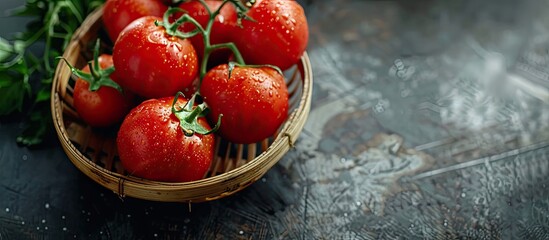 Sticker - Ripe red tomatoes on a bamboo strainer with copy space image