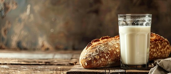 Poster - A glass of milk sits next to a rustic sourdough bread loaf on a wooden table with copy space image
