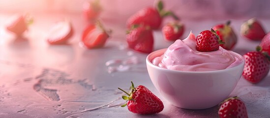 Aufkleber - Selective focused strawberry yogurt displayed on a table with copy space image