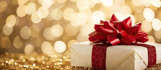 Fototapete - White gift box adorned with a large red bow set against a golden backdrop offering ample copy space image