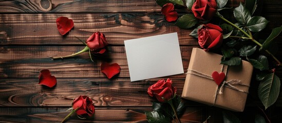 Aufkleber - Top view of a gift box red roses and a Valentine s Day card on a wooden table with space for adding an image. Creative banner. Copyspace image