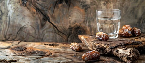 Poster - In a rustic setting a branch with dried dates fruits a glass of water and a copy space image on a wooden table symbolizes the traditional Iftar meal part of the Muslim Ramadan evening ritual