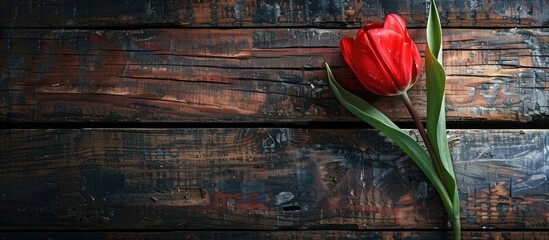 Poster - Top view of a red tulip on a rustic wooden table with a clear area for additional content or imagery like a copy space image