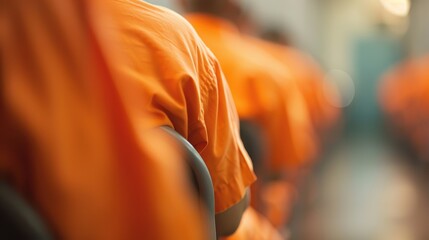 Rows of individuals wearing orange uniforms are seated closely together, giving an impression of an organized group activity or assembly in a formal setting.