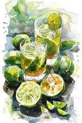 Wall Mural - Watercolor Tropical Delight: Freshly Sliced Feijoa Jam and Fruits on White Background