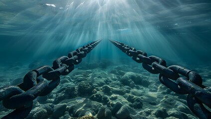 Underwater view of a long chain floating in the sea, with sunlight shining through the water surface and a blue color tone. 