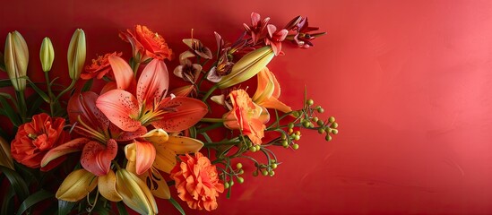 Aufkleber - A floral arrangement featuring lilies freesias arums with a blank space for adding text or other images known as a copy space image