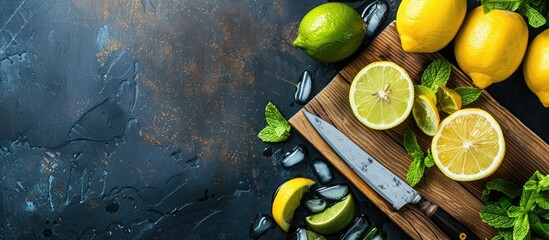 Poster - A half of a yellow lemon and a knife on a wooden cutting board along with fresh mojito drinks with lime and lemon creating a composition of delicious citrus fruits Copy space image