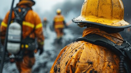 Firefighters in yellow helmets walk through a charred landscape, assessing the aftermath of a fire. Their presence signifies the hard work and bravery of first responders.