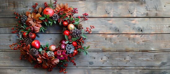 Aufkleber - Top view of a stunning autumn wreath featuring flowers berries and fruits on a wooden backdrop offering ample copy space image