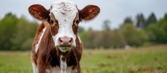 Wall Mural - Hereford calf brown and white sporting a plastic weaning noseplate in a field with a copy space image included