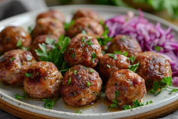 Wall Mural - Savory Meatballs Garnished with Fresh Herbs and Red Onions