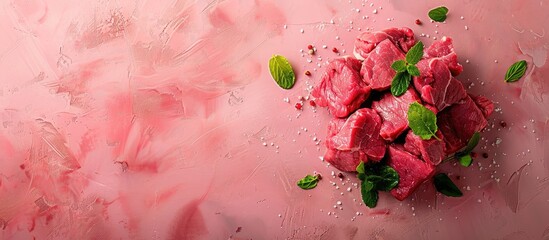 Canvas Print - Raw fresh beef pulp displayed on a bright backdrop ideal for protein rich keto diets A banner with space for text overlaid on the image. Creative banner. Copyspace image