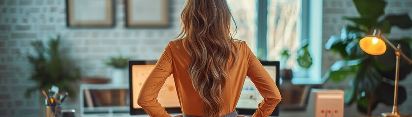 Wall Mural - A woman with long brown hair is sitting at a desk with a laptop and a cell phone. She is wearing a white shirt and black pants