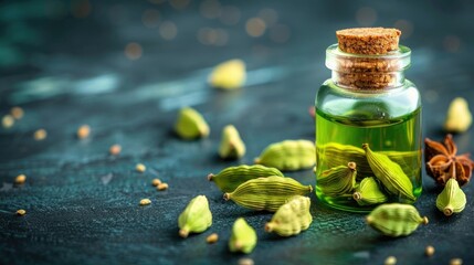 Aromatic green bottle of essential oil with cardamom pods on a dark textured surface, perfect for wellness and cooking themes.