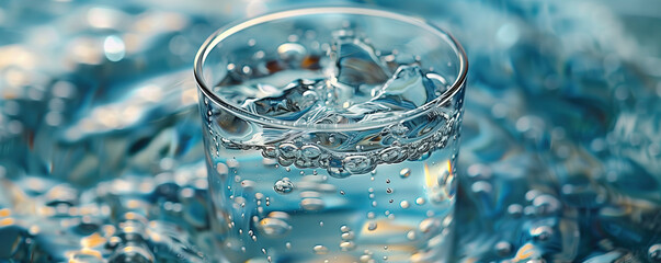 Close up of glass of clean transparent fresh water with ice on blue dynamic watery background with bubbles, twisted into spiral around glass, banner. Concept of purified, refreshing, filtered water