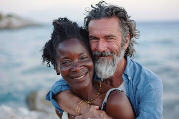 Wall Mural - Portrait of a smiling multiethnic couple in their 40s sharing a hug on the seashore