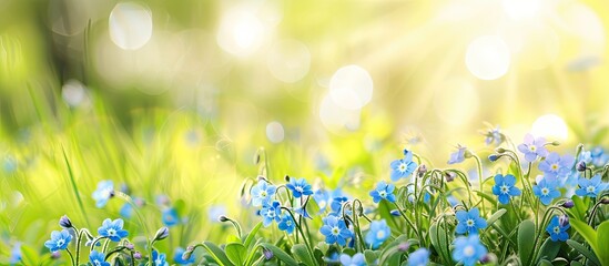 Canvas Print - Selective focus on blooming Blue Forget me nots Myosotis sylvatica Scorpion grasses in the garden with a blank area for text or images in the background copy space image