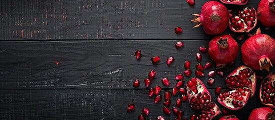 Poster - Top view of a heap of sliced pomegranate on a sleek dark wooden surface with copy space image