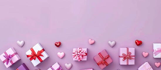 Poster - Pastel purple background adorned with assorted gift boxes setting the perfect Valentine s Day scene with a flat lay and top view offering ample copy space for an image