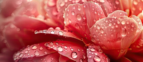 Fototapete - Macro shot of coral red peony petals with water drops creating a textured background for your design with copy space image