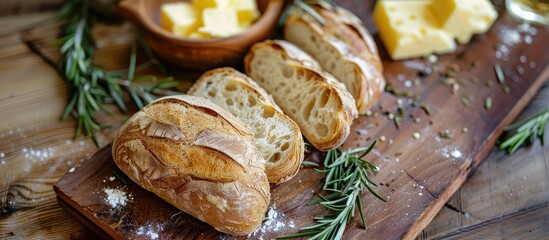 Aufkleber - Rustic wooden board featuring fresh bread slices butter and rosemary on a soft background with copy space image