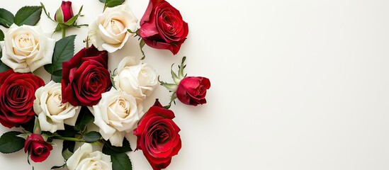 Poster - Isolated red and white roses on a white backdrop with copy space image