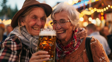 stockphoto, elderly happy women having fun on the oktoberfest, drinking a big beer. Senior woman at the october fest in Germany, Münich, enjoying a glass of beer. Happy woman drinking together.