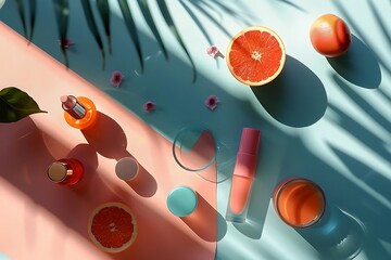 Wall Mural - Summer Beauty Products Flat Lay Illustration with Orange Slices and Pink Flowers