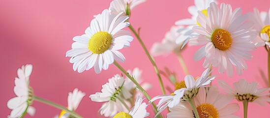 Aufkleber - White chamomile flowers on a pink backdrop with sunlight shining creating a vibrant and serene copy space image