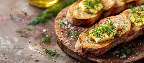 Poster - Sliced baguette topped with a spread of butter and dill with a blank space for adding an image. Creative banner. Copyspace image