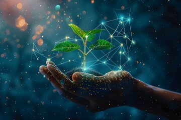 A Hand Holding a Sprout with Network Connections