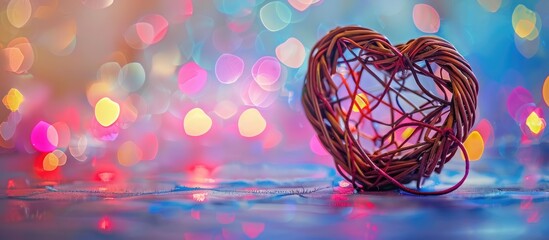 Poster - Heart shaped wicker made of rattan symbolizing love set against a colorfully foiled background with selective focus for a copy space image