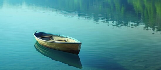 Sticker - Tranquil rural lake scene with a small boat floating on the clear deep blue water perfect for a fantasy vacation creating a serene copy space image