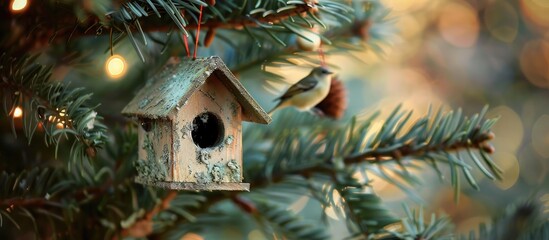 Fototapete - Happy Holidays from a birdhouse nestled in the branches of a Christmas tree with copy space image