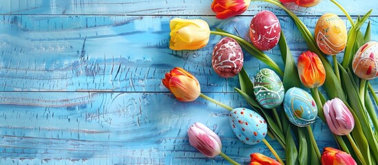 Fototapete - Easter Day concept with colorful Easter eggs painted with tulips on a blue wood background leaving space for text or an image. Creative banner. Copyspace image