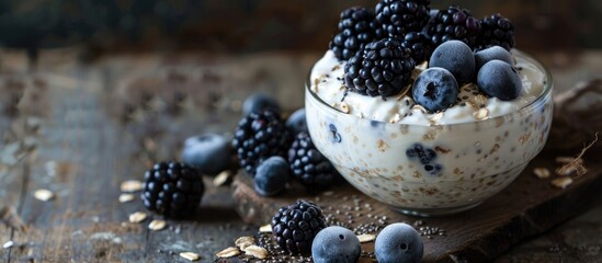 Aufkleber - Yogurt topped with oatmeal blueberries blackberries and chia seeds set on a wooden surface in a top down view with a designated copy space image