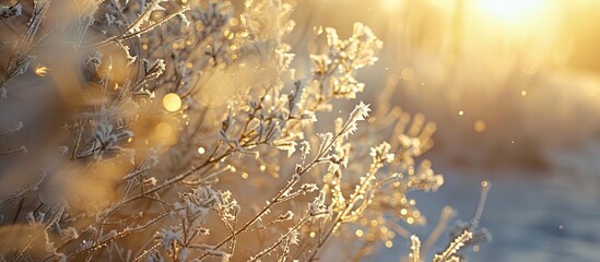 Poster - In the evening sun the grass and branches are covered in large crystal like frost creating a serene winter scene in the copy space image
