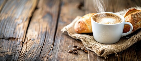 Poster - Panoramic banner with a rustic wood background displaying a steaming cup of coffee alongside bread featuring ample copy space image