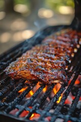 Sticker - Ribs are being cooked on a grill, with a lot of sauce on them. Concept of warmth and comfort, as the ribs are being cooked over an open flame, and the sauce adds a rich, savory flavor