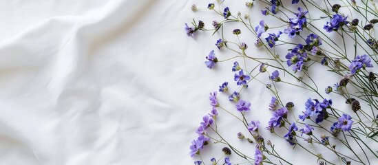 Sticker - Small multicolored field flowers in purple and blue hues on white cotton background creating a tranquil copy space image